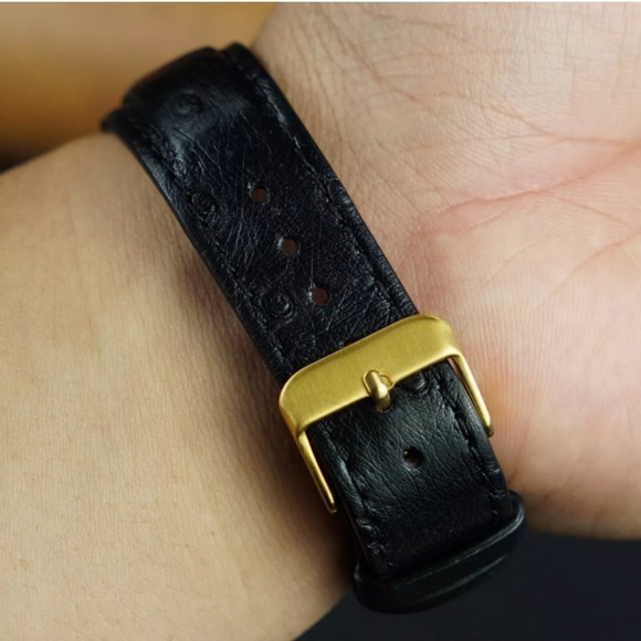 Black Ostrich Leather Watch Band Padded Gold Buckle Size 22mm - Picture 5 of 6